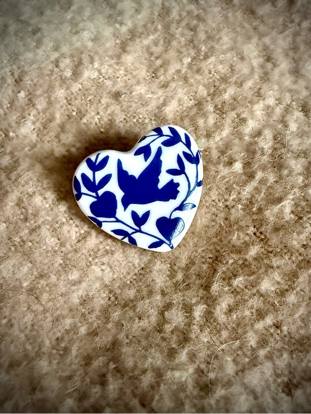 Blue and White Heart Ceramic Pin with Bird Motif